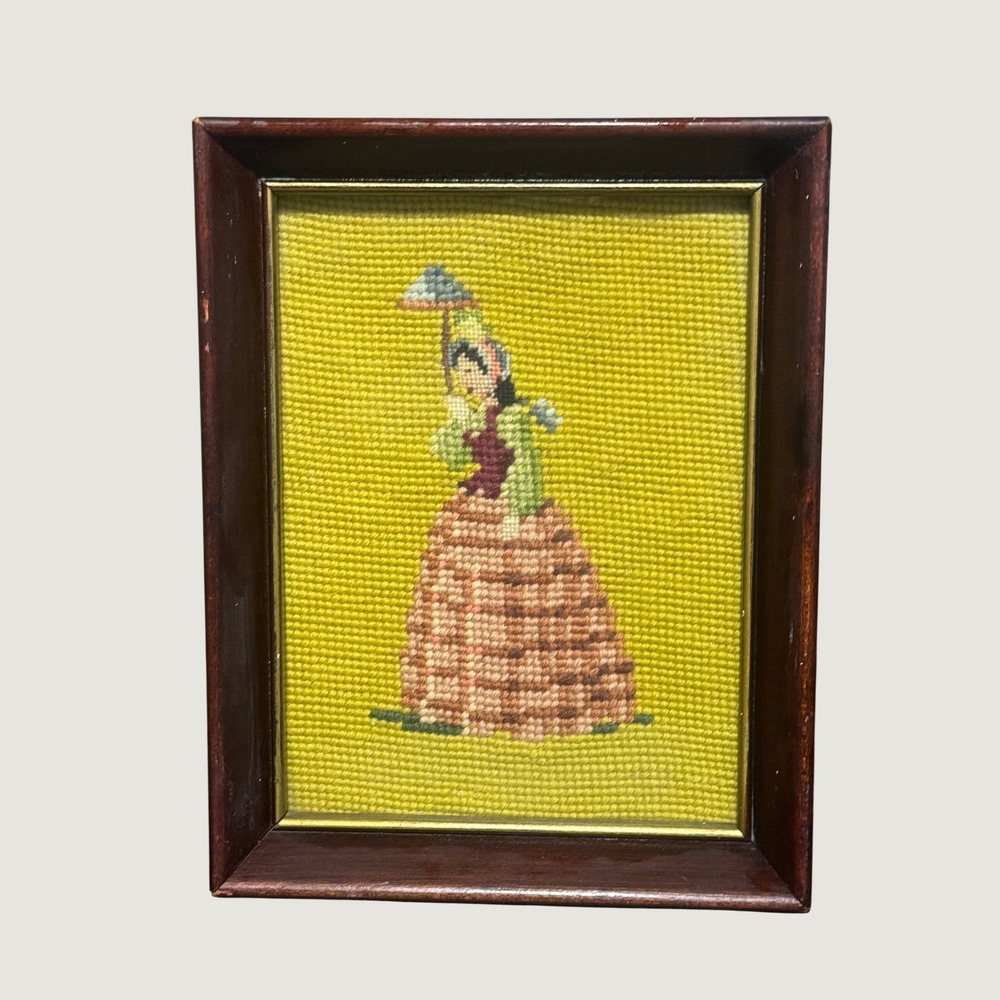Vintage Framed Needlepoint Victorian Woman in Hat Dark Wood Frame